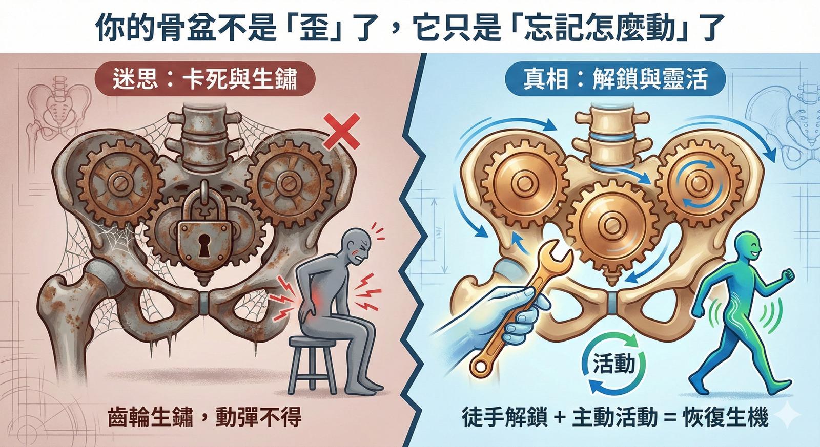 你的骨盆不是「歪」了，它只是「忘記怎麼動」了