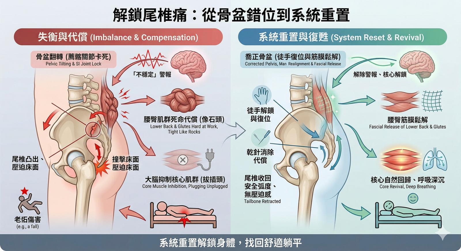 躺平就覺得「尾椎」狂頂床？原來是骨盆卡住了