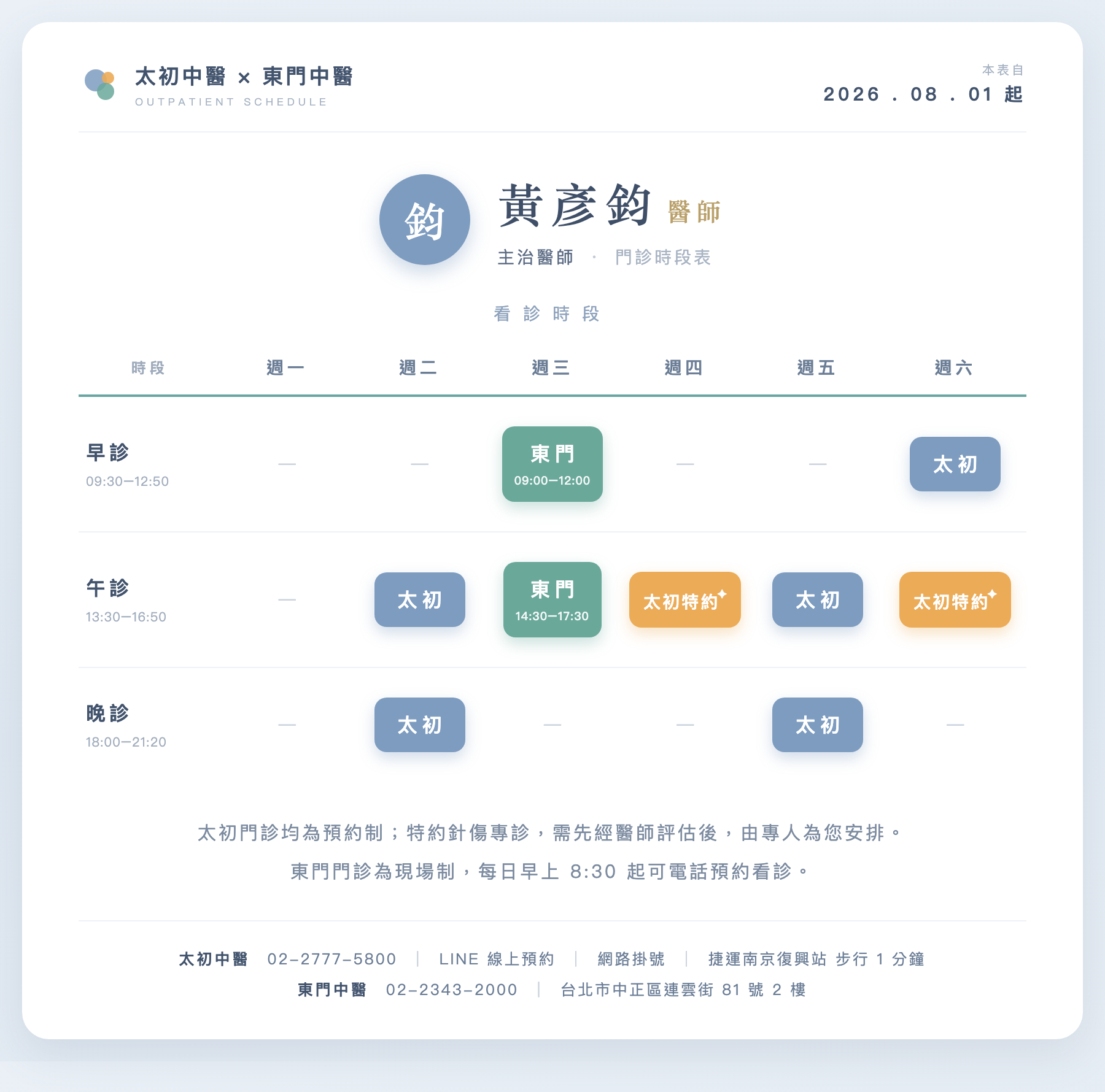 黃彥鈞醫師門診時間表(2026 年 8 月 1 日起,太初中醫・東門中醫)